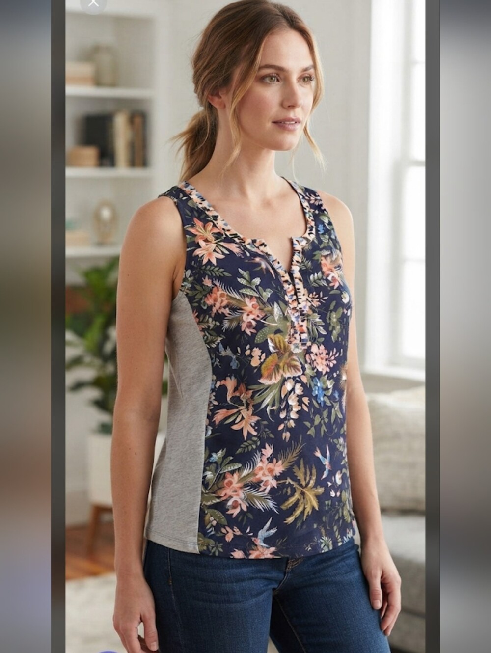 Tiny By Anthropologie Floral Navy Sleeveless Henley Tank Top
